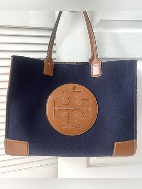 Tory Burch Ella Color Block Navy and Brown Leather Logo Felt Tote